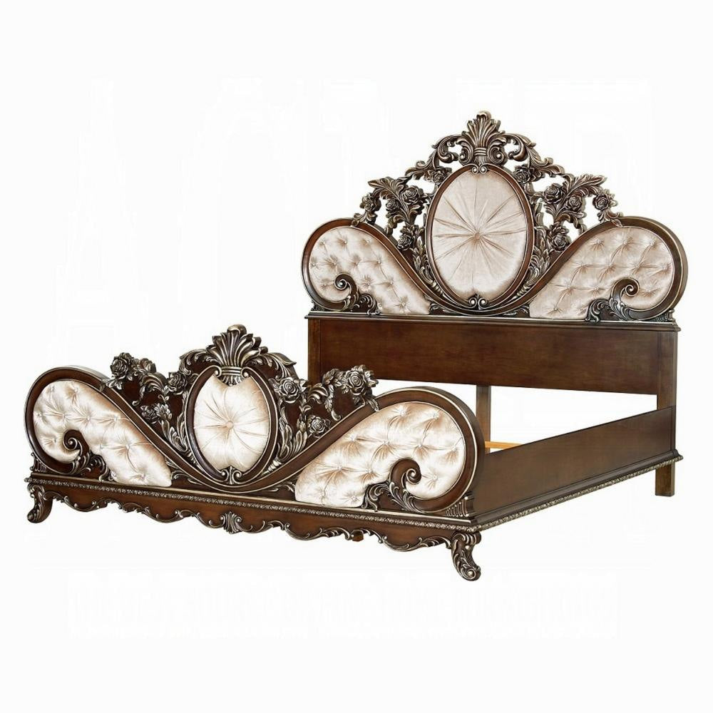 Vany Queen Bed, Scrolled Carved Headboard, Ivory Upholstery, Cherry