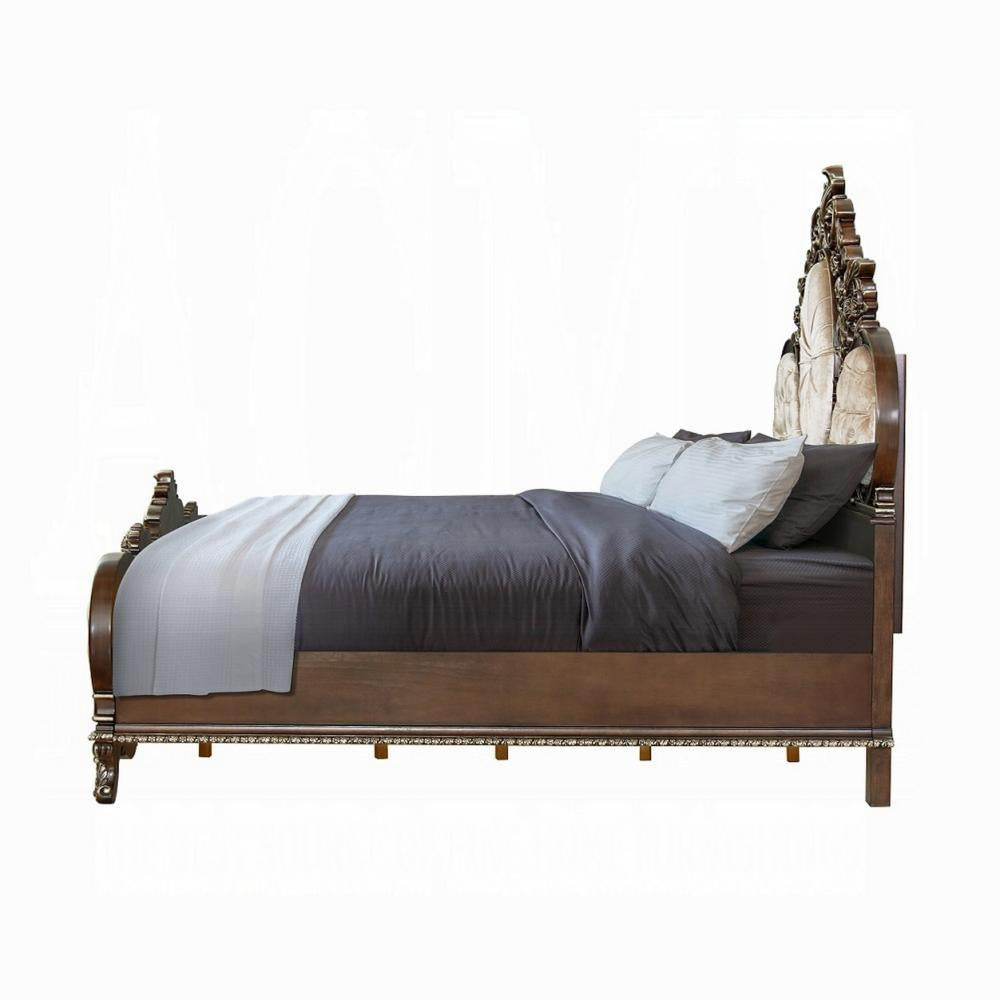 Vany Queen Bed Scrolled Carved Headboard Ivory Upholstery Cherry