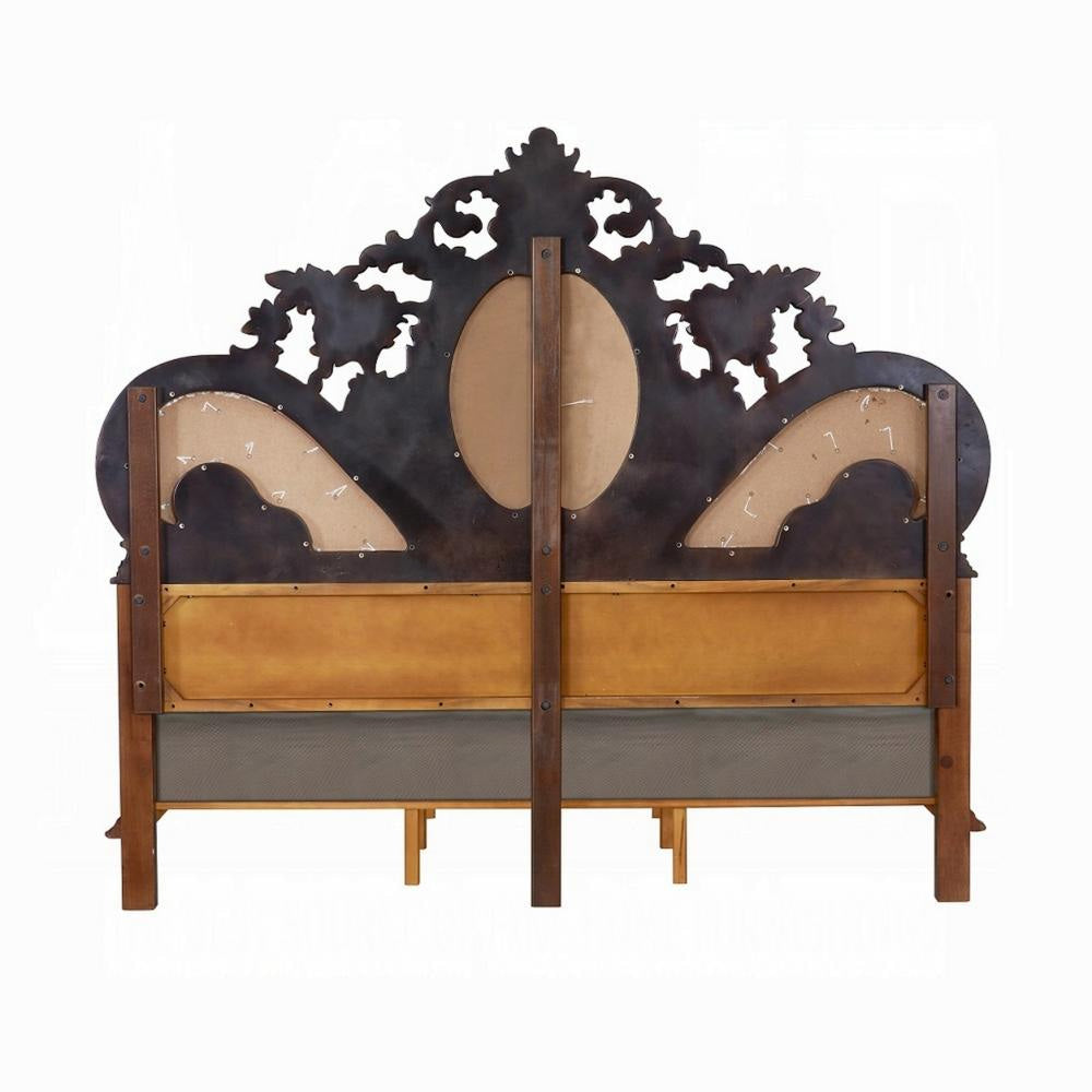Vany Queen Bed Scrolled Carved Headboard Ivory Upholstery Cherry