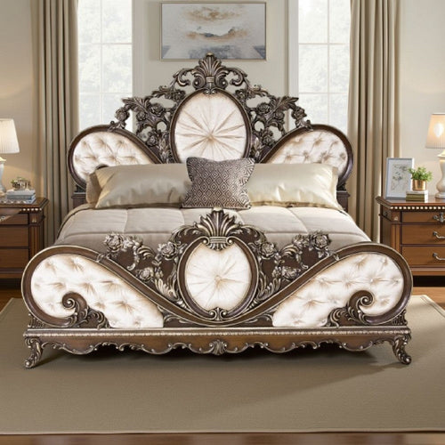 Vany Queen Bed, Scrolled Carved Headboard, Ivory Upholstery, Cherry