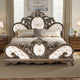 Vany Queen Bed, Scrolled Carved Headboard, Ivory Upholstery, Cherry