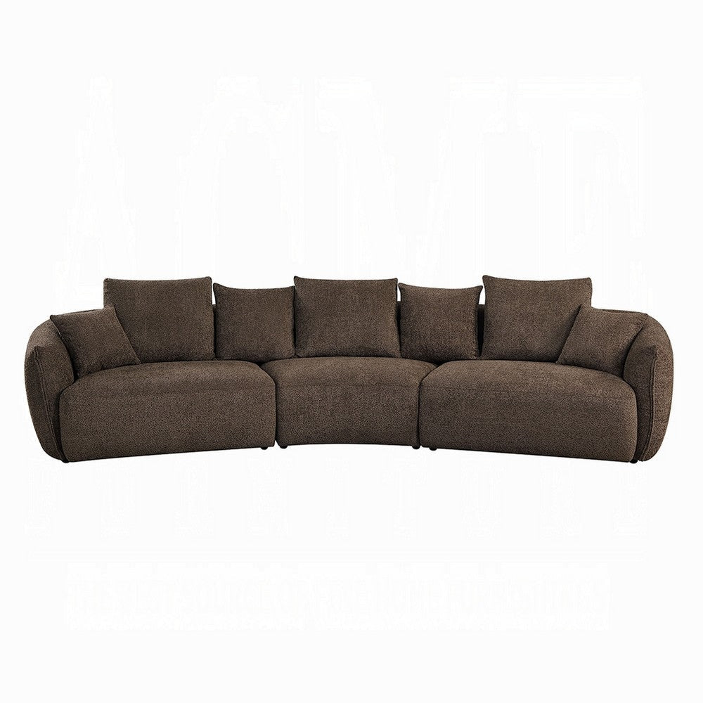 Geny Modular Sofa, 7 Pillows, Curved, Brown Boucle Fabric, 145 Inch