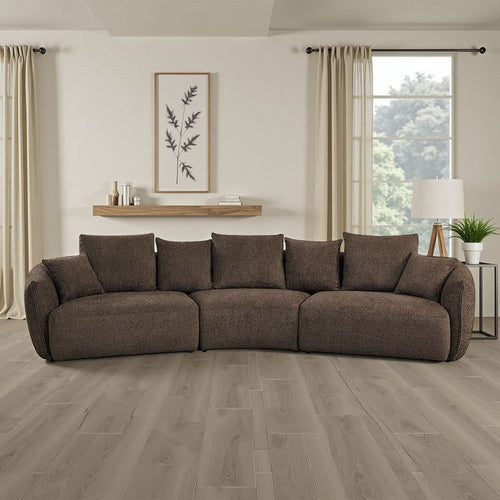 Geny Modular Sofa, 7 Pillows, Curved, Brown Boucle Fabric, 145 Inch