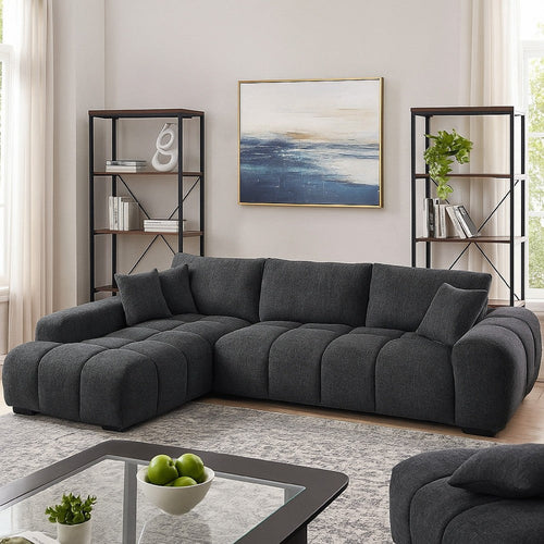 Sena L Sectional Sofa, 3 Accent Pillows, Gray Linen Fabric, 121 Inch