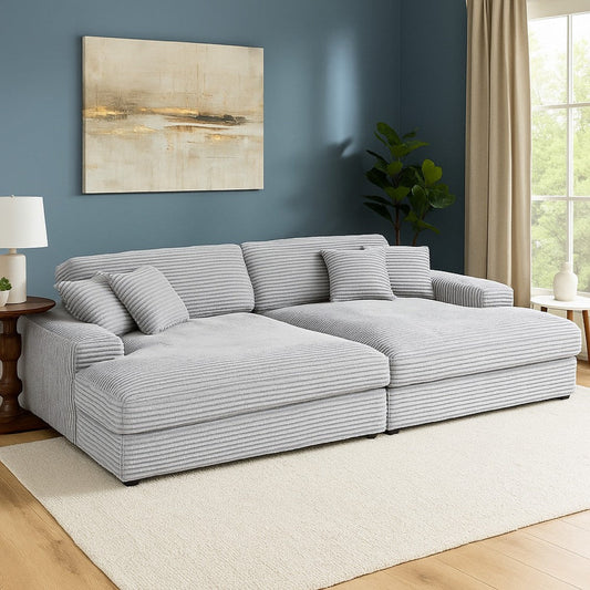 Liny 2pc Sectional Sofa Daybed Set, 4 Throw Pillows, Light Gray Velvet