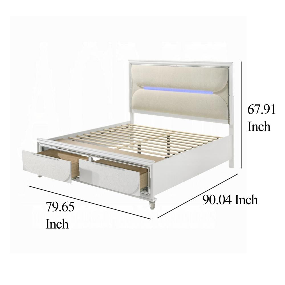 Rara King Size Bed 2 Storage Drawers LED White Boucle Upholstery
