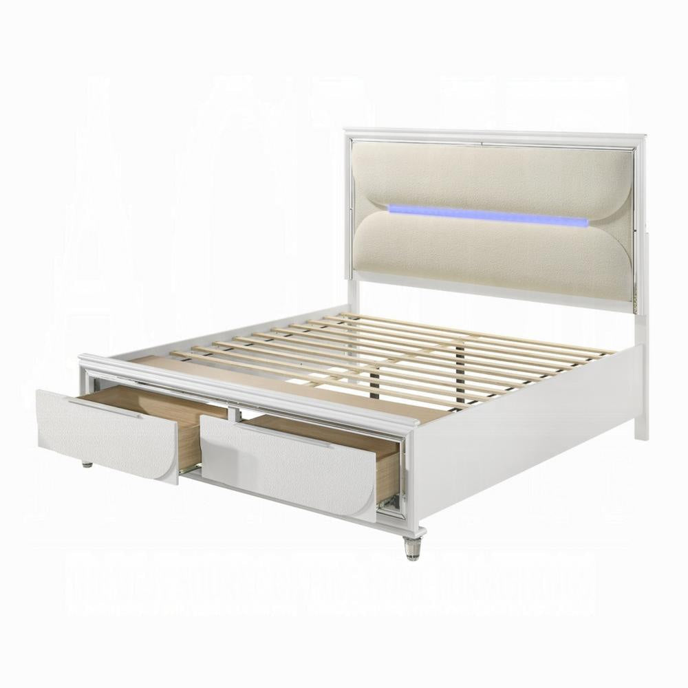 Rara Queen Size Bed, 2 Storage Drawers, LED, White Boucle Upholstery
