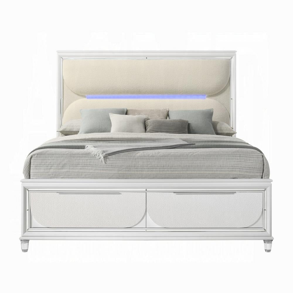 Rara Queen Size Bed 2 Storage Drawers LED White Boucle Upholstery