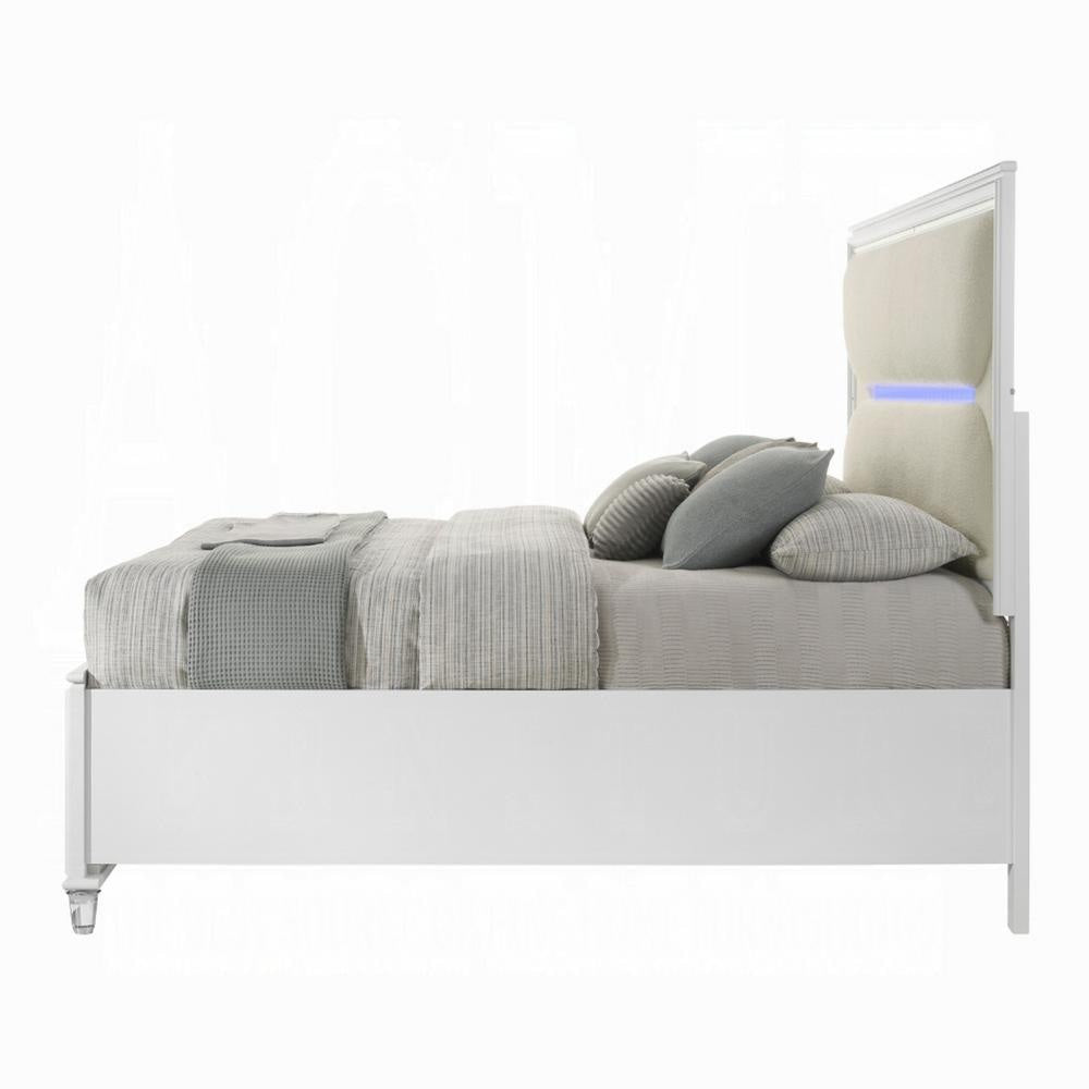 Rara Queen Size Bed 2 Storage Drawers LED White Boucle Upholstery