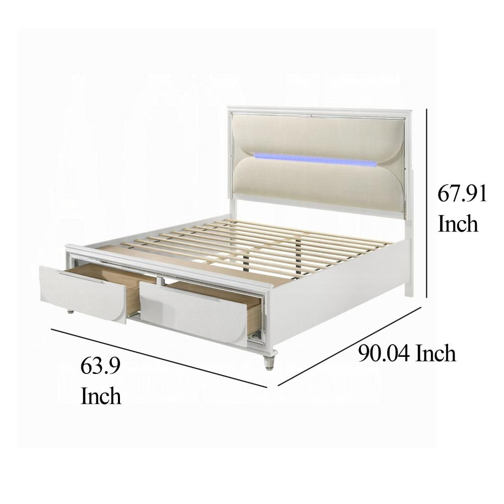 Rara Queen Size Bed 2 Storage Drawers LED White Boucle Upholstery
