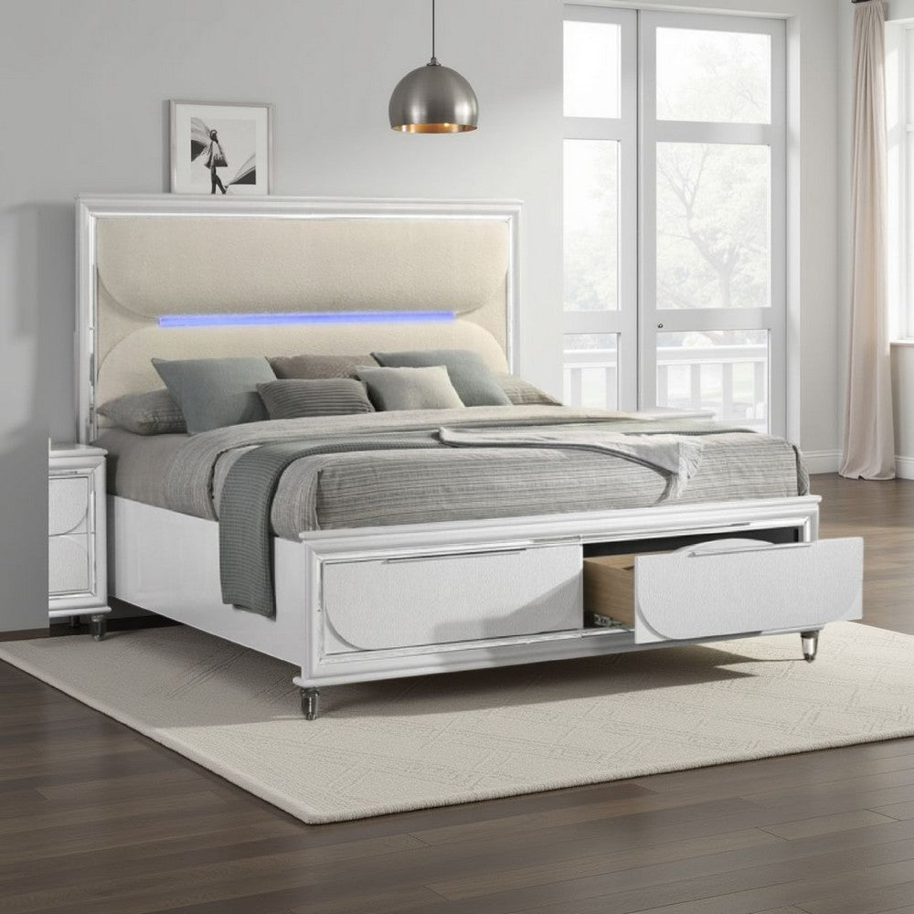 Rara Queen Size Bed, 2 Storage Drawers, LED, White Boucle Upholstery