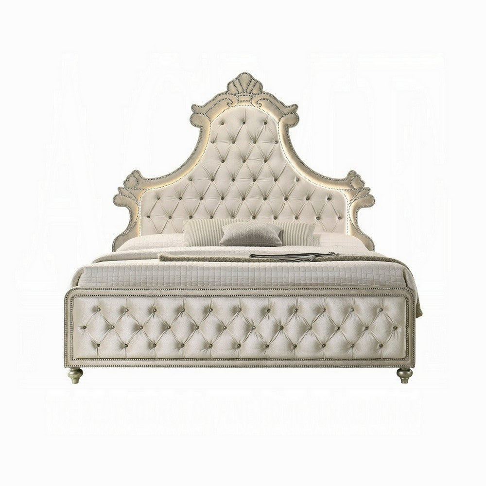 Willa King Size Bed, LED Lights, Beige Velvet Upholstery, Brown Wood