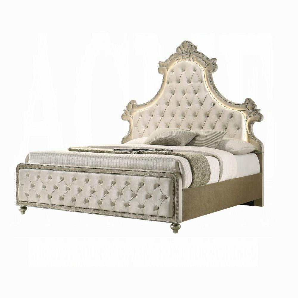 Willa King Size Bed, LED Lights, Beige Velvet Upholstery, Brown Wood