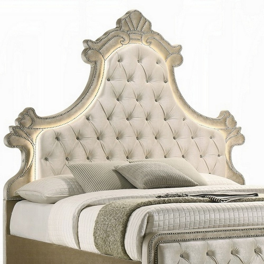 Willa King Size Bed, LED Lights, Beige Velvet Upholstery, Brown Wood