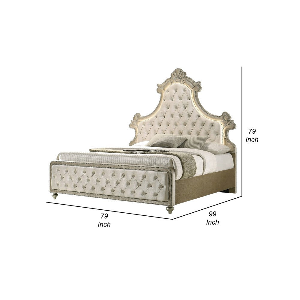 Willa King Size Bed, LED Lights, Beige Velvet Upholstery, Brown Wood
