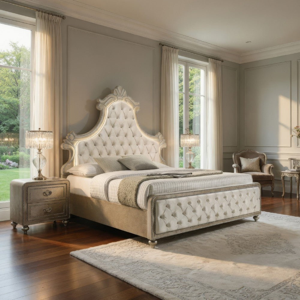 Willa King Size Bed, LED Lights, Beige Velvet Upholstery, Brown Wood