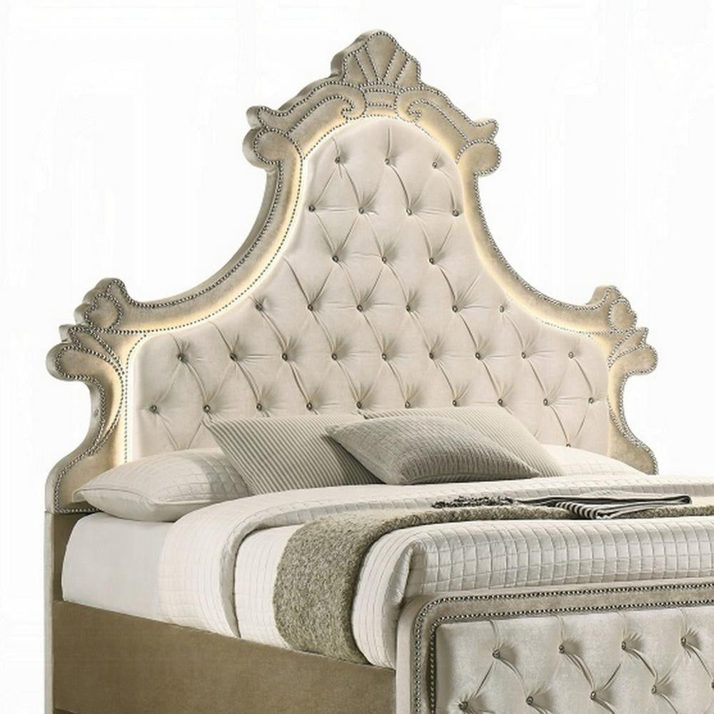 Willa Queen Size Bed LED Lights Beige Velvet Upholstery Brown Wood