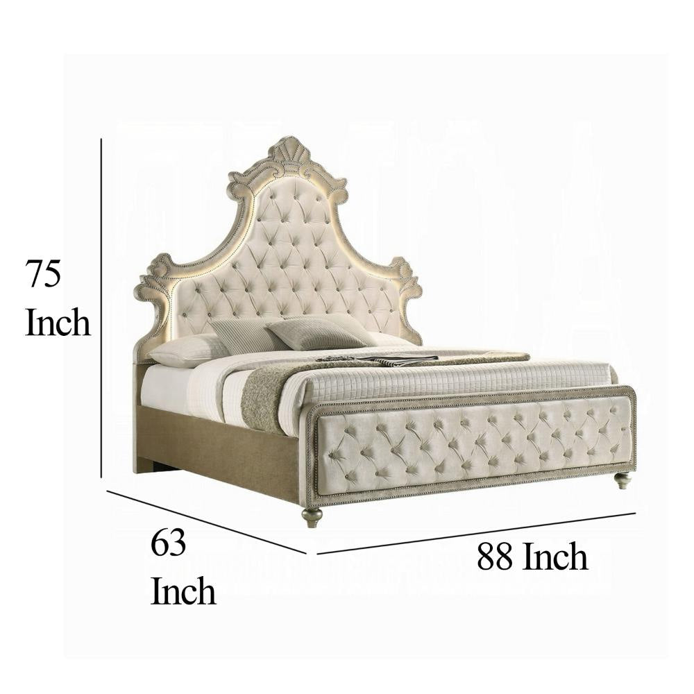 Willa Queen Size Bed LED Lights Beige Velvet Upholstery Brown Wood