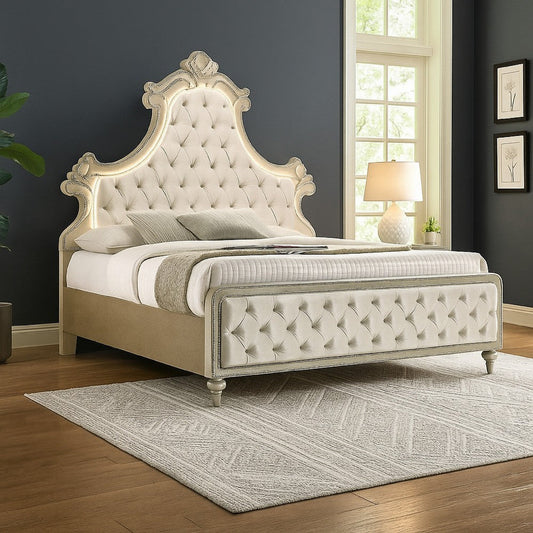 Willa Queen Size Bed, LED Lights, Beige Velvet Upholstery, Brown Wood