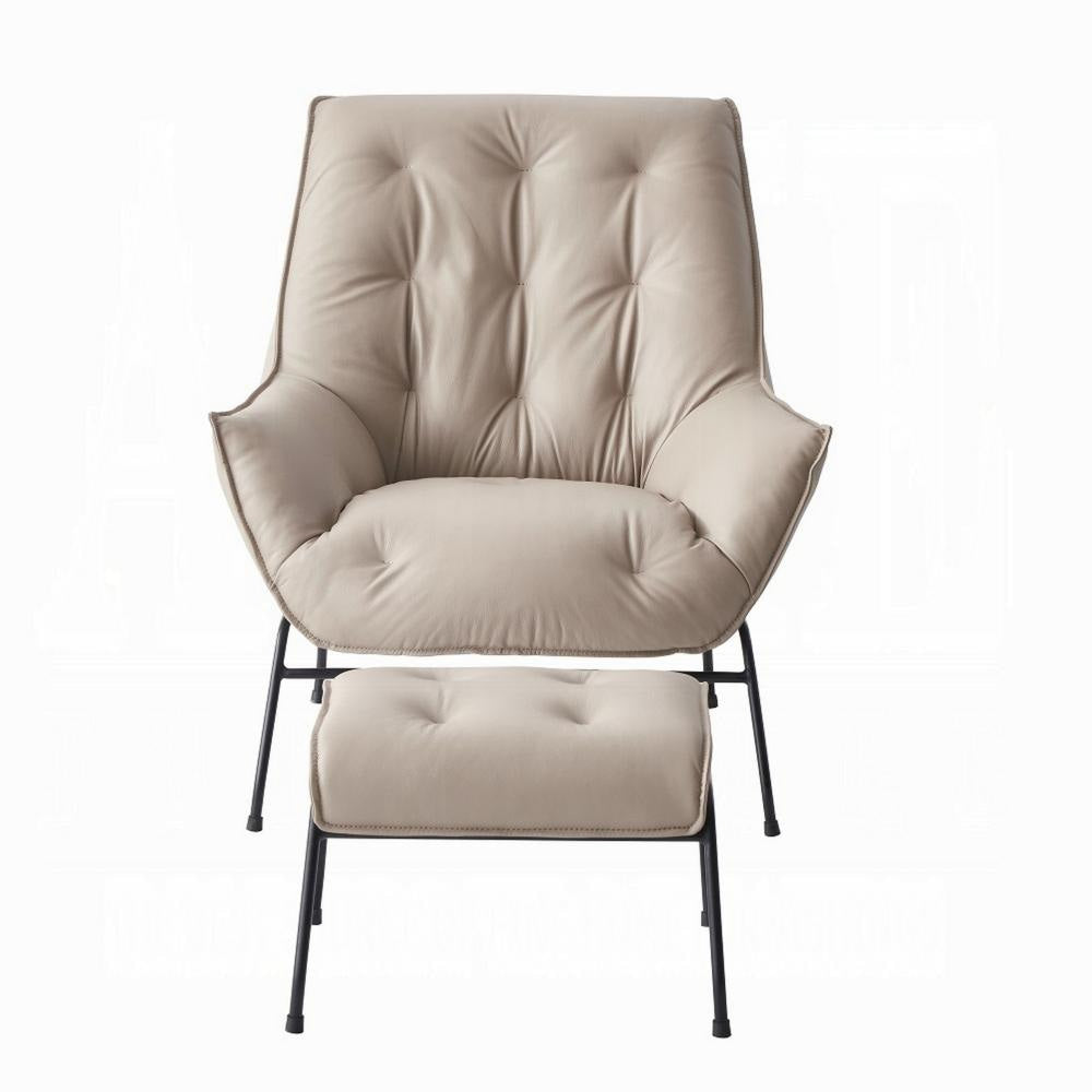 Quiza 2pc Set Accent Chair and Ottoman, Khaki Top Grain Leather, Metal