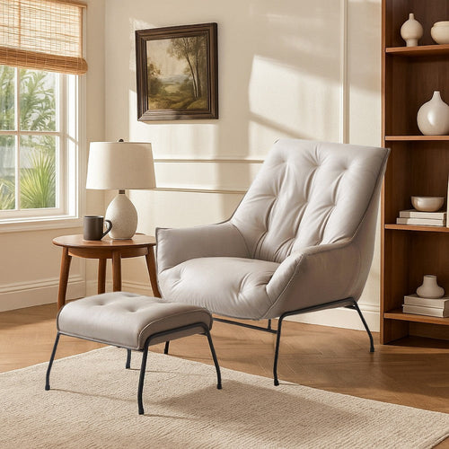 Quiza 2pc Set Accent Chair and Ottoman, Khaki Top Grain Leather, Metal