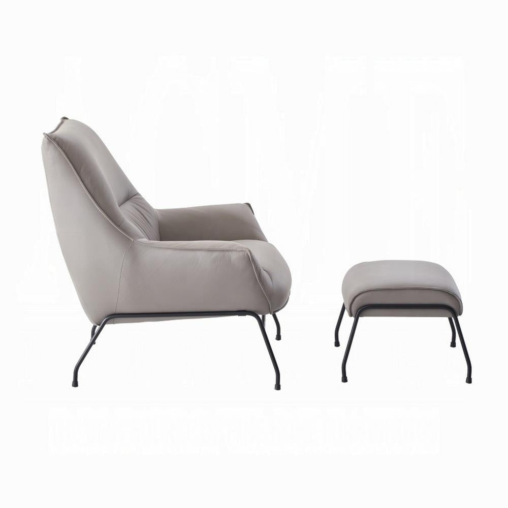 Abela 2pc Set Accent Chair and Ottoman, Light Gray Top Grain Leather