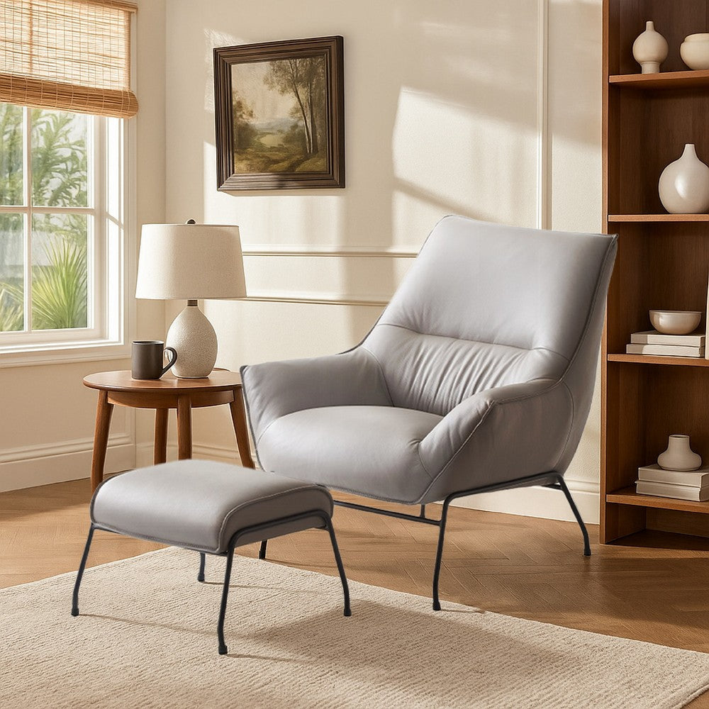 Abela 2pc Set Accent Chair and Ottoman, Light Gray Top Grain Leather