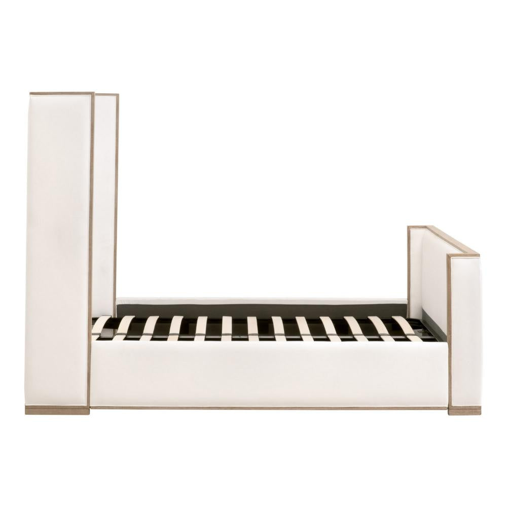 Kalon Queen Bed Wingback Gray Solid Oak Soft Pearl White Upholstery