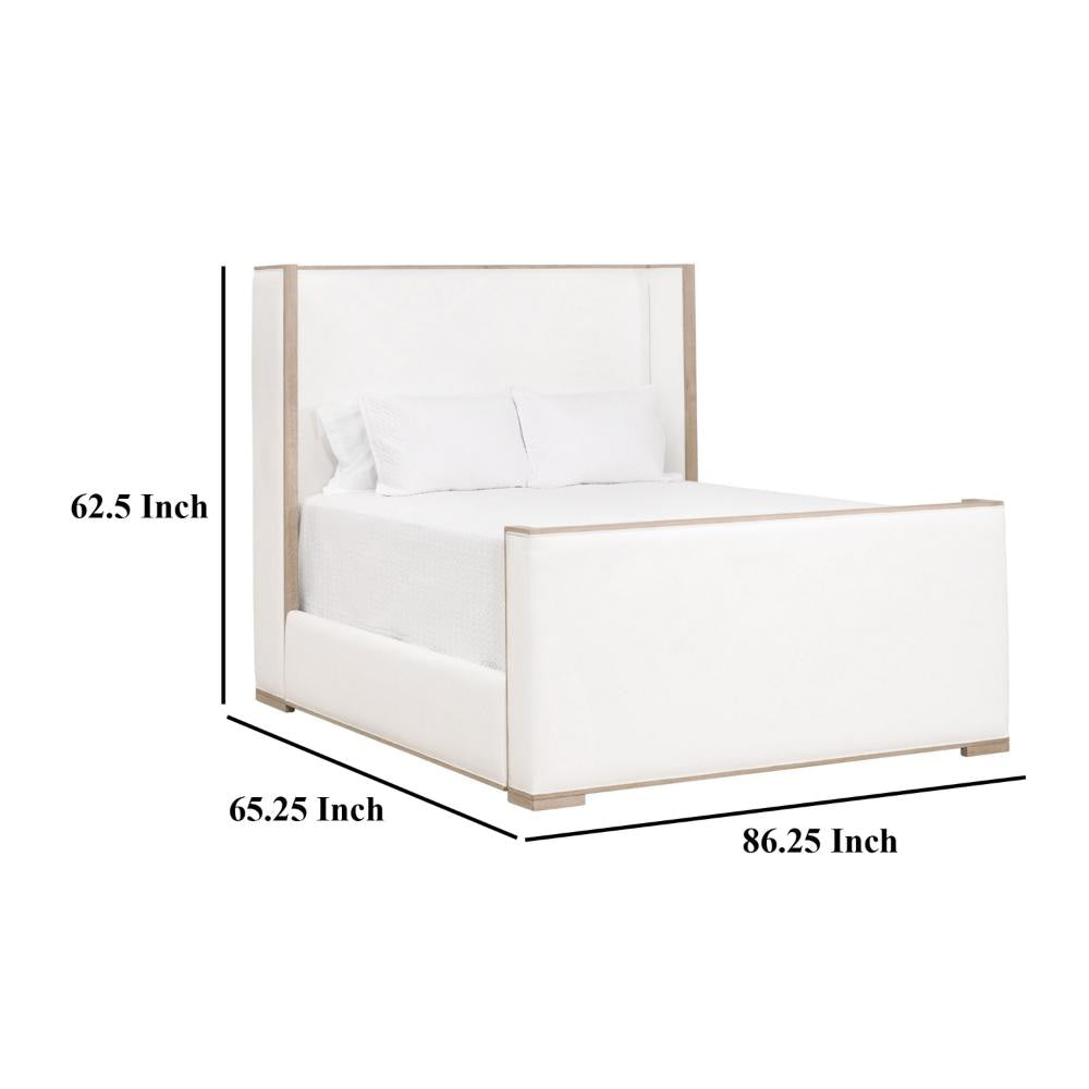 Kalon Queen Bed Wingback Brown Solid Oak Soft Pearl White Upholstery