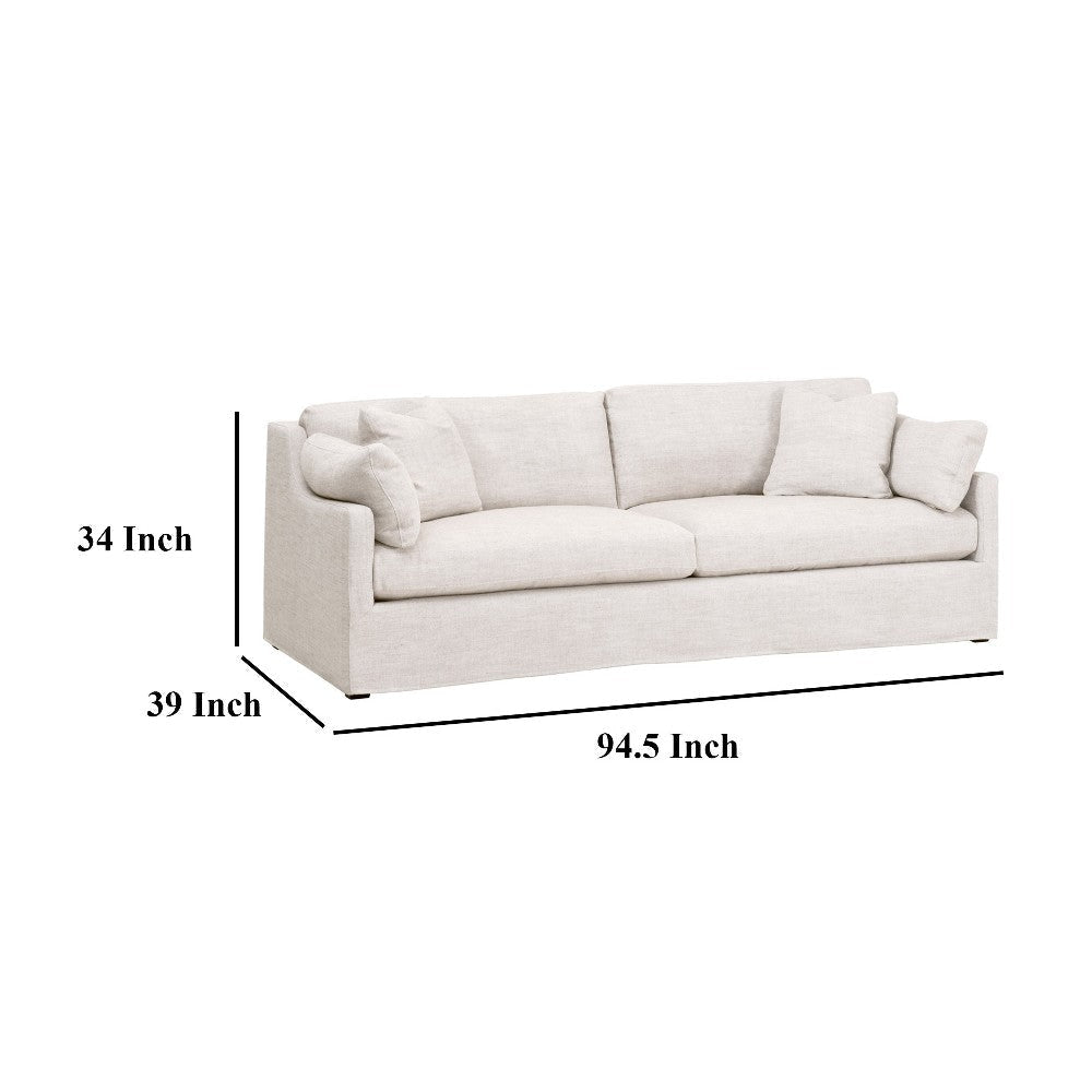 95 Inch Slope Arm Sofa 4 Throw Pillows Smooth Texture Bisque White BM327642