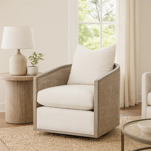 Niya Swivel Chair, Swivel Smooth Textured Beige Finish, Gray Oak Wood