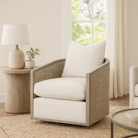 Niya Swivel Chair, Swivel Smooth Textured Beige Finish, Gray Oak Wood
