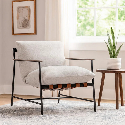 Accent Chair, Sleek Metal Frame, Plush Cushion, Black Solid Oak Wood