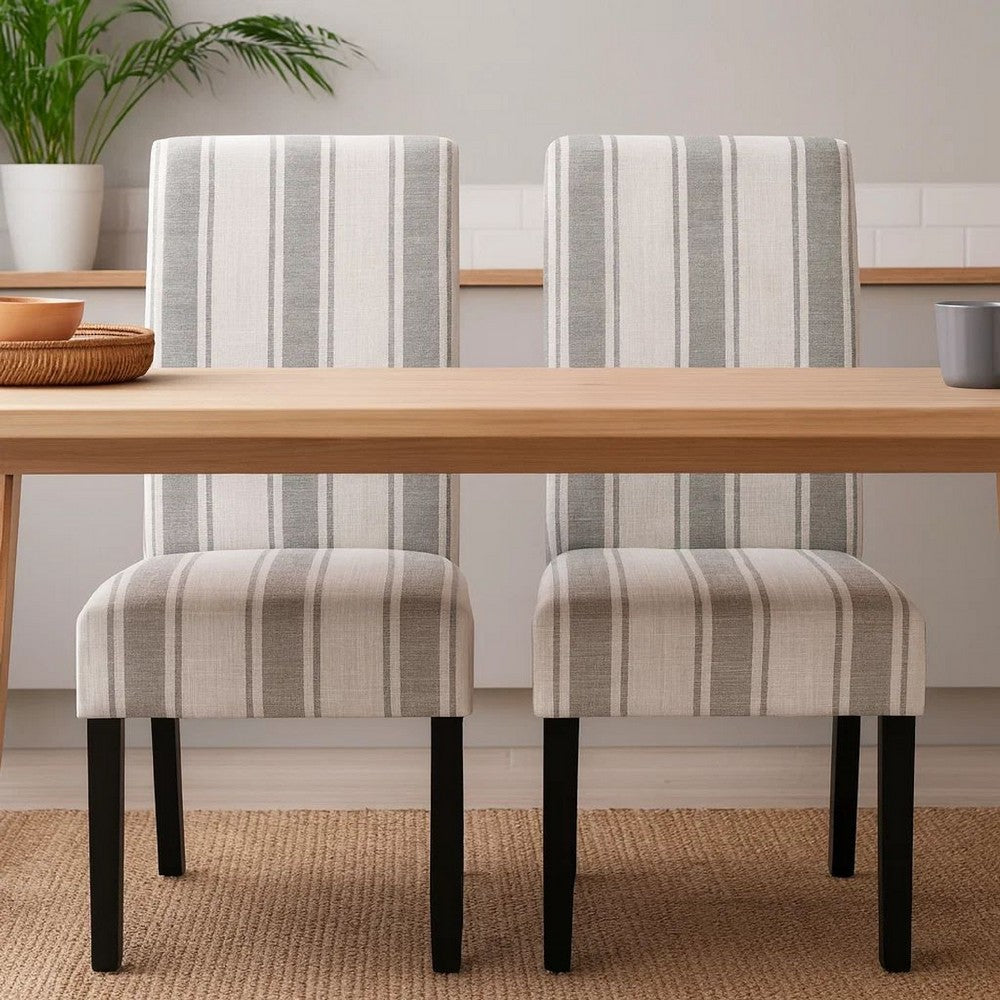Dinner Chair Set of 2, Retro Style Armless Design, White Gray Stripes