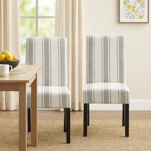 Dinner Chair Set of 2, Retro Style Armless Design, White Gray Stripes