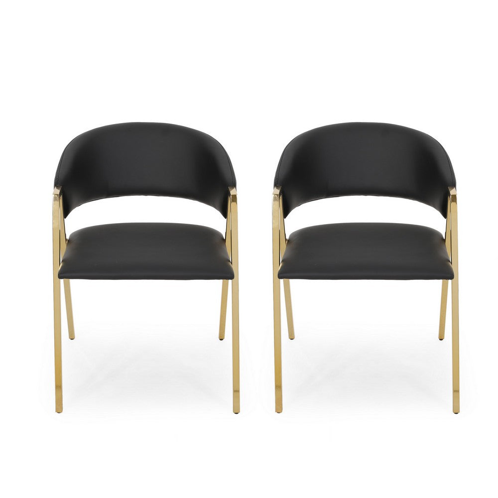 Dining Chair Set of 2 | Modern Black Faux Leather | Gold Metal Legs