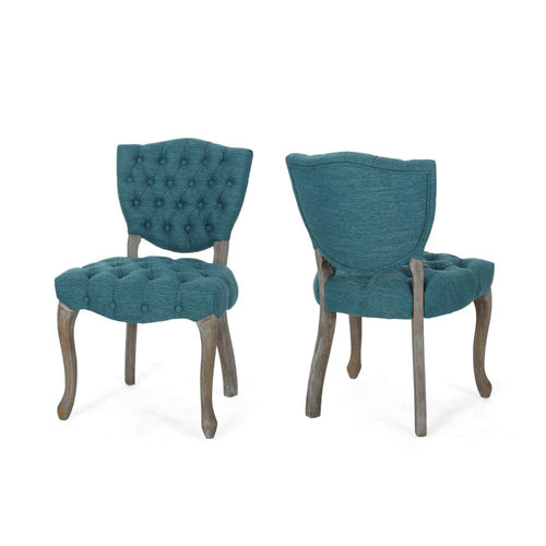 Dining Chair Set of 2, Button Tufted Teal Fabric Design, Rubberwood