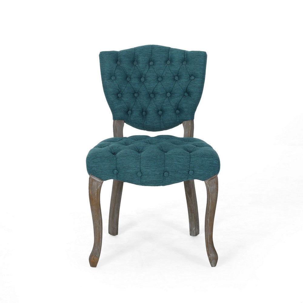 Dining Chair Set of 2 | Button Tufted Teal Fabric Design | Rubberwood