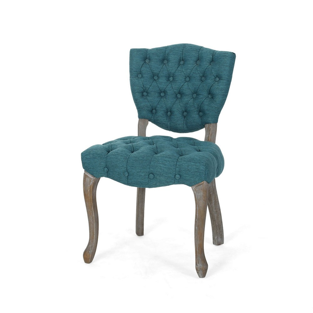 Dining Chair Set of 2 | Button Tufted Teal Fabric Design | Rubberwood