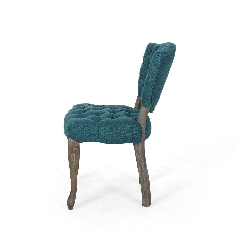 Dining Chair Set of 2 | Button Tufted Teal Fabric Design | Rubberwood