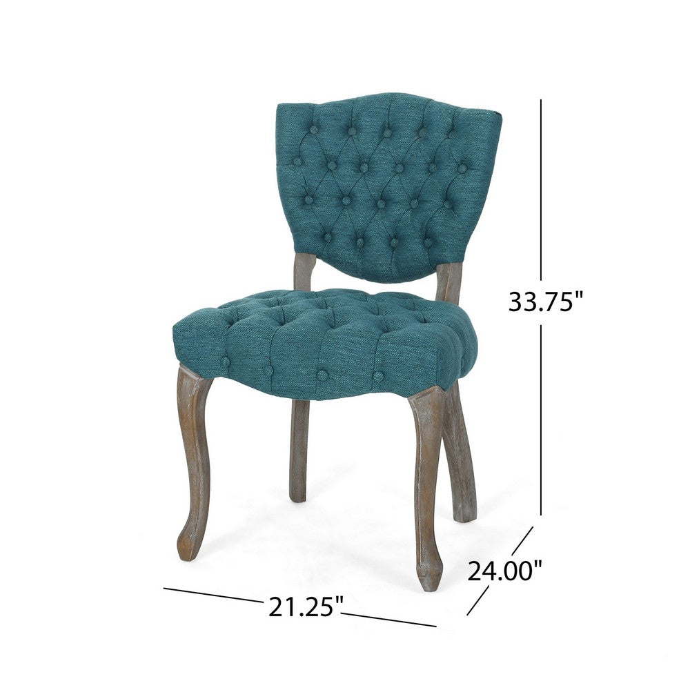 Dining Chair Set of 2 | Button Tufted Teal Fabric Design | Rubberwood