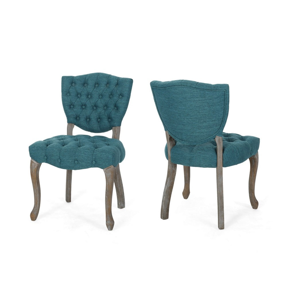 Dining Chair Set of 2 | Button Tufted Teal Fabric Design | Rubberwood