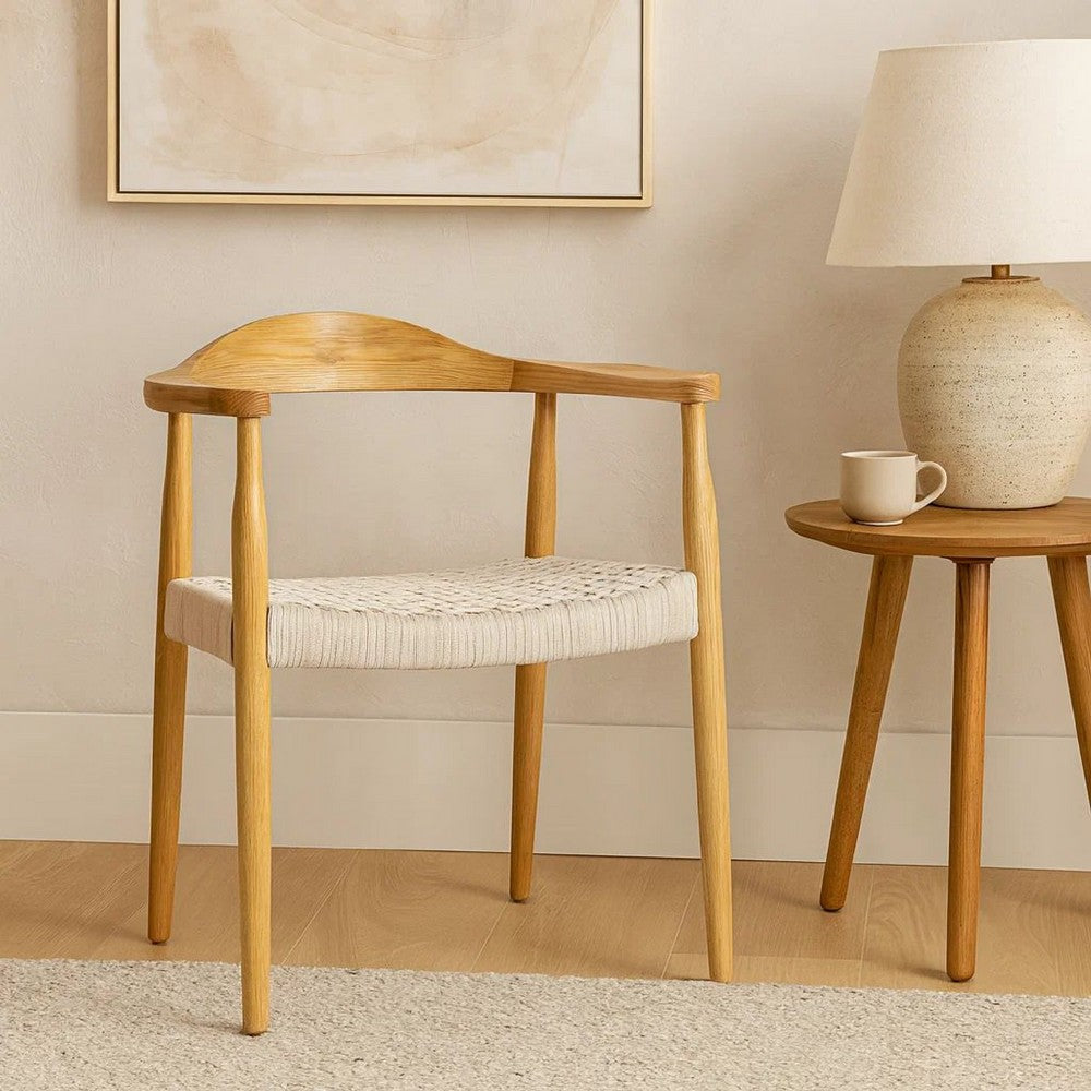 Accent Armchair, White Rope Woven Style Seat, Natural Brown Ash Wood