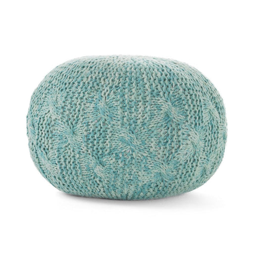 Trail Pouf Ottoman, 20 Inch, Round, Knitted Boho Design, Teal Wool