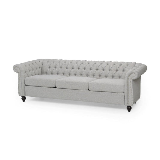 Sofa, 85 Inch Chesterfield Light Gray Button Tufted Fabric Design