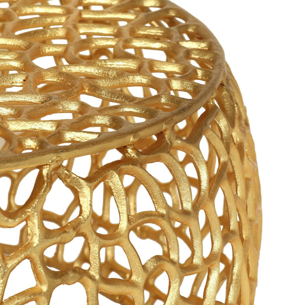 Coffee Table 28 Inch Round Plinth Mesh Design Open Gold Metal Frame BM327725