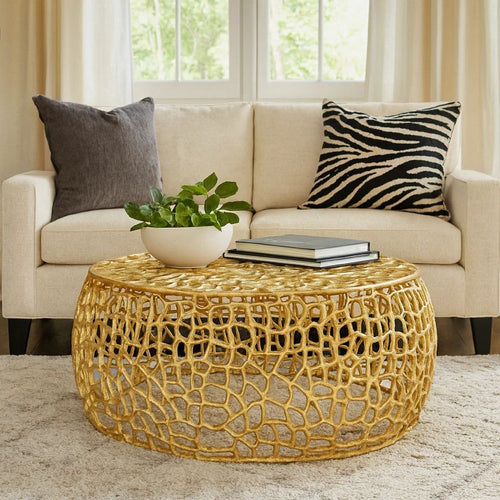 Coffee Table, 28 Inch Round Plinth Mesh Design, Open Gold Metal Frame