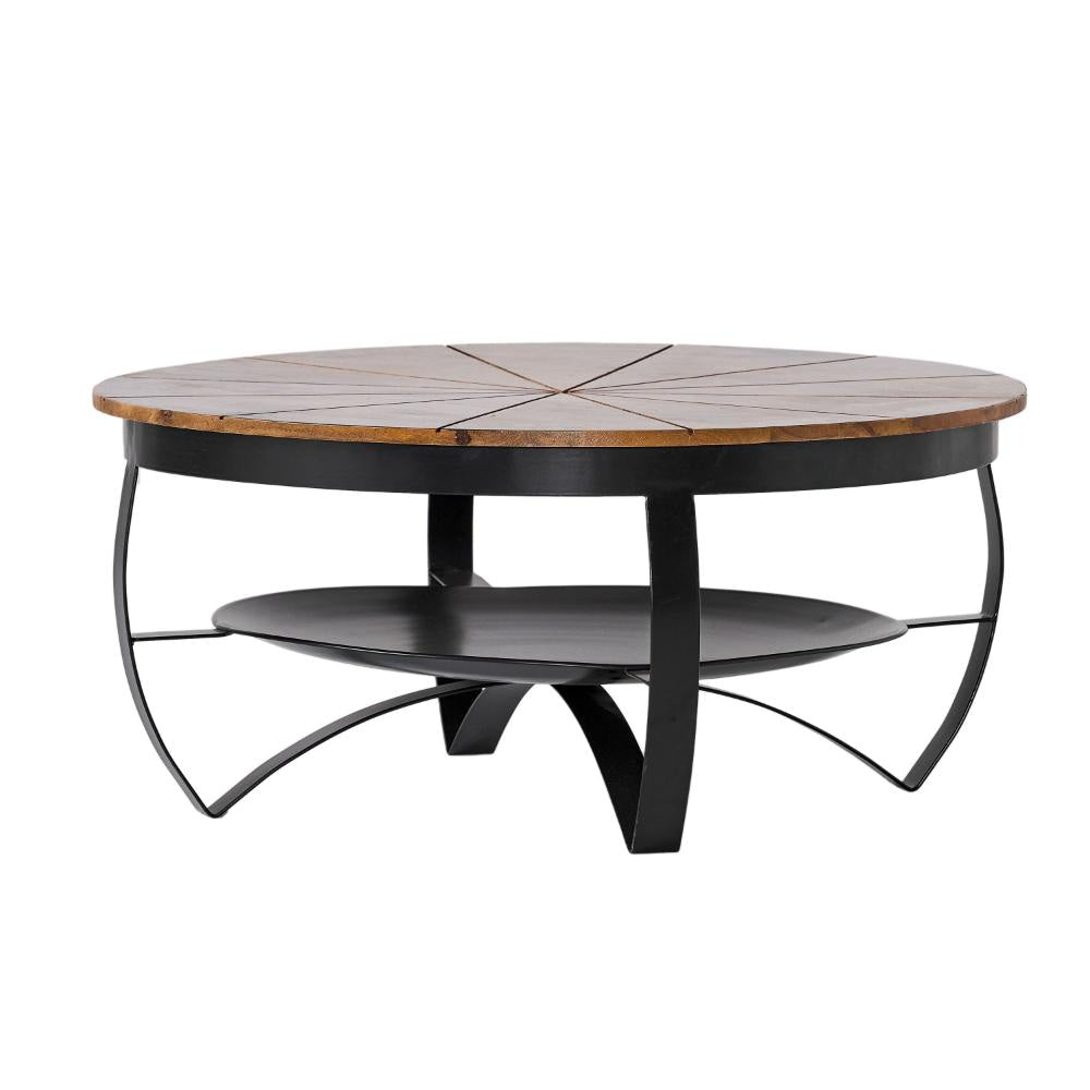 Coffee Table, 36 Inch, Round Mango Wood Top, Iron Curved Legs, Brown