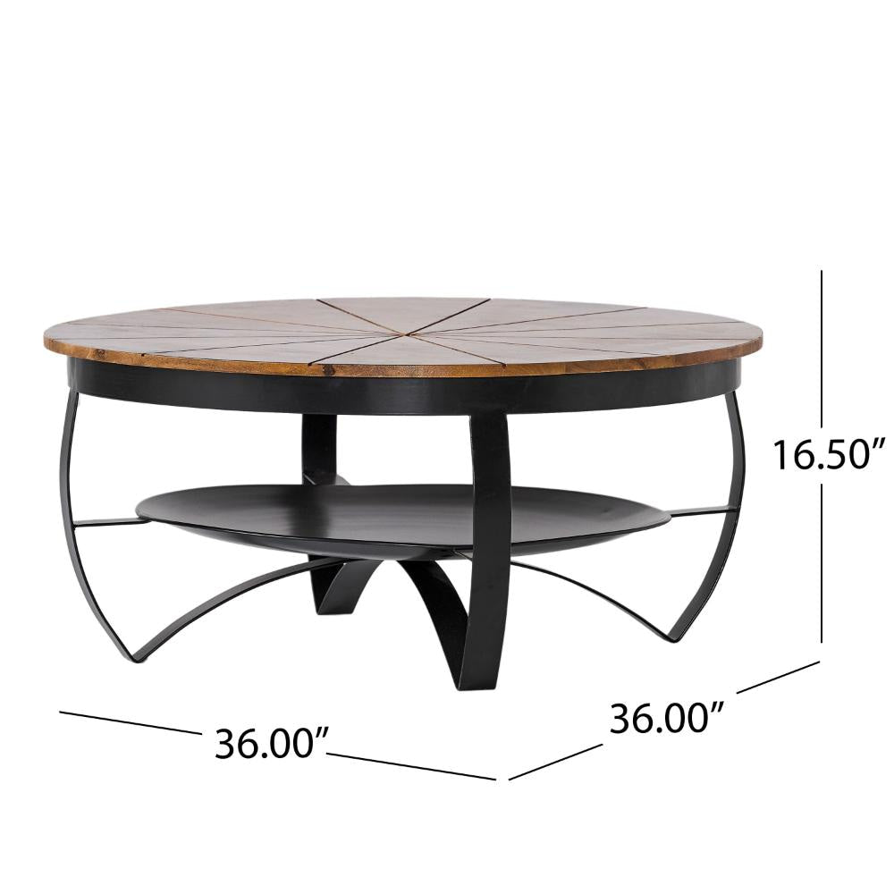 Coffee Table 36 Inch Round Mango Wood Top Iron Curved Legs Brown BM327728