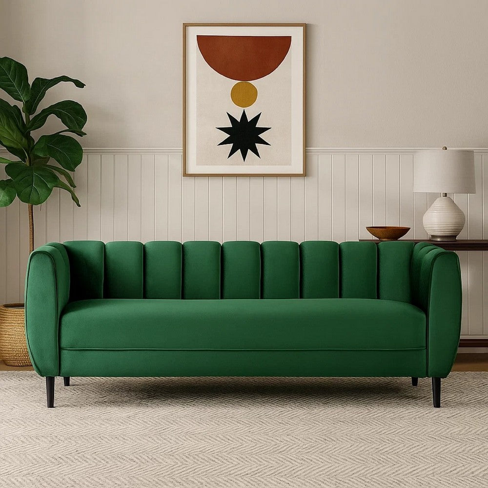 Orla Sofa, 83 Inch, Retro Channel Tufted Stitch Design, Green Velvet